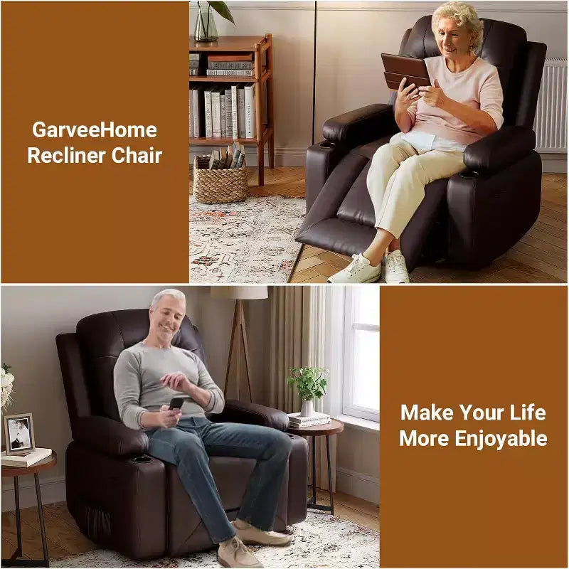 Poltrona reclinabile oversize con sollevamento assistito, calore e massaggio - Poltrona reclinabile in similpelle, con contenitore integrato e portabicchieri