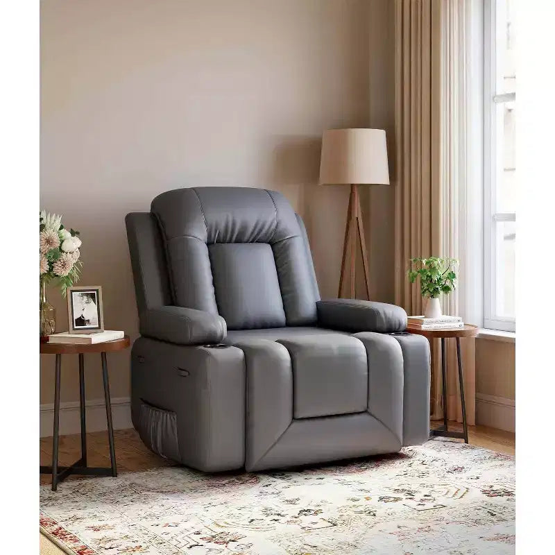 Poltrona reclinabile oversize con sollevamento assistito, calore e massaggio - Poltrona reclinabile in similpelle, con contenitore integrato e portabicchieri
