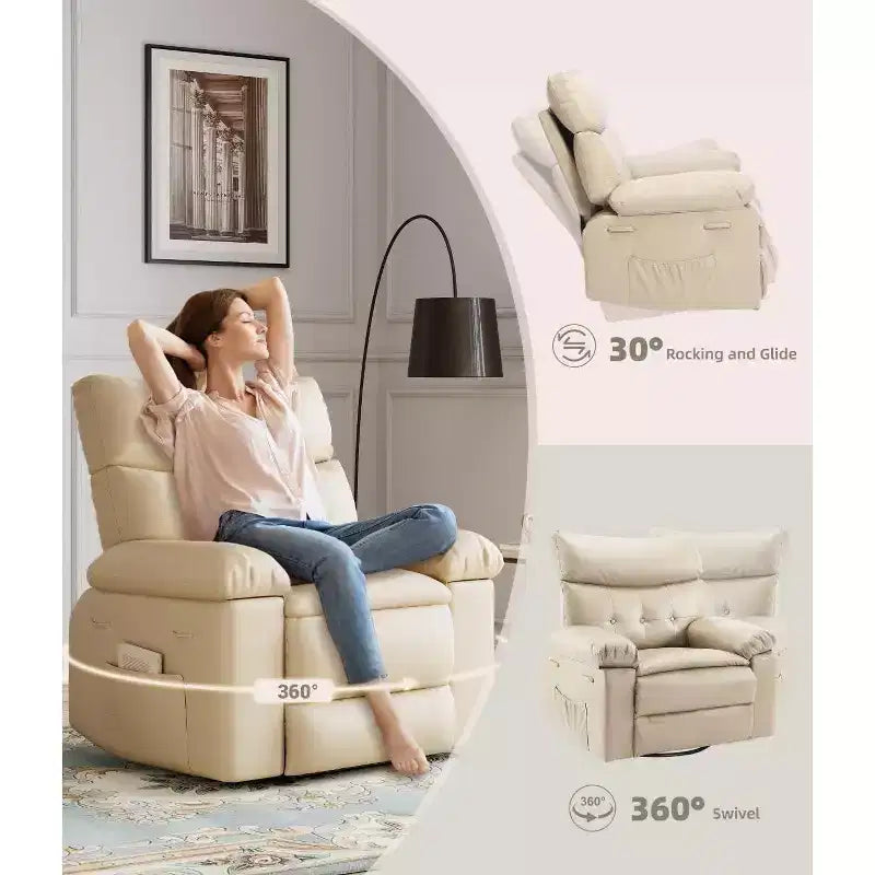 Poltrona Reclinabile con Calore e Massaggio, Girevole a 360° e Dondolio Manuale, Design Ergonomico con Telecomando e Portabicchieri per Soggiorno