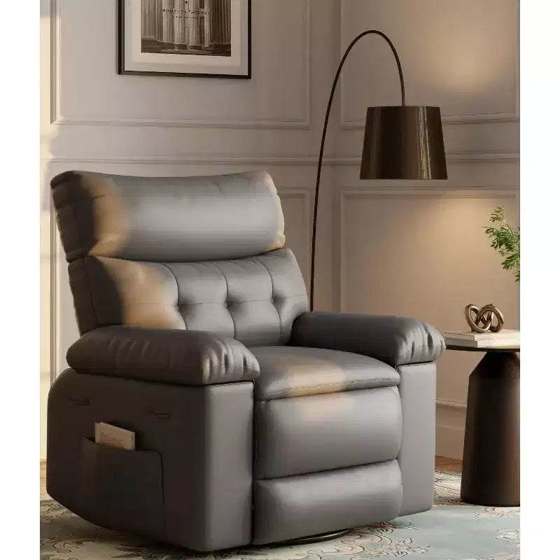 Poltrona Reclinabile con Calore e Massaggio, Girevole a 360° e Dondolio Manuale, Design Ergonomico con Telecomando e Portabicchieri per Soggiorno