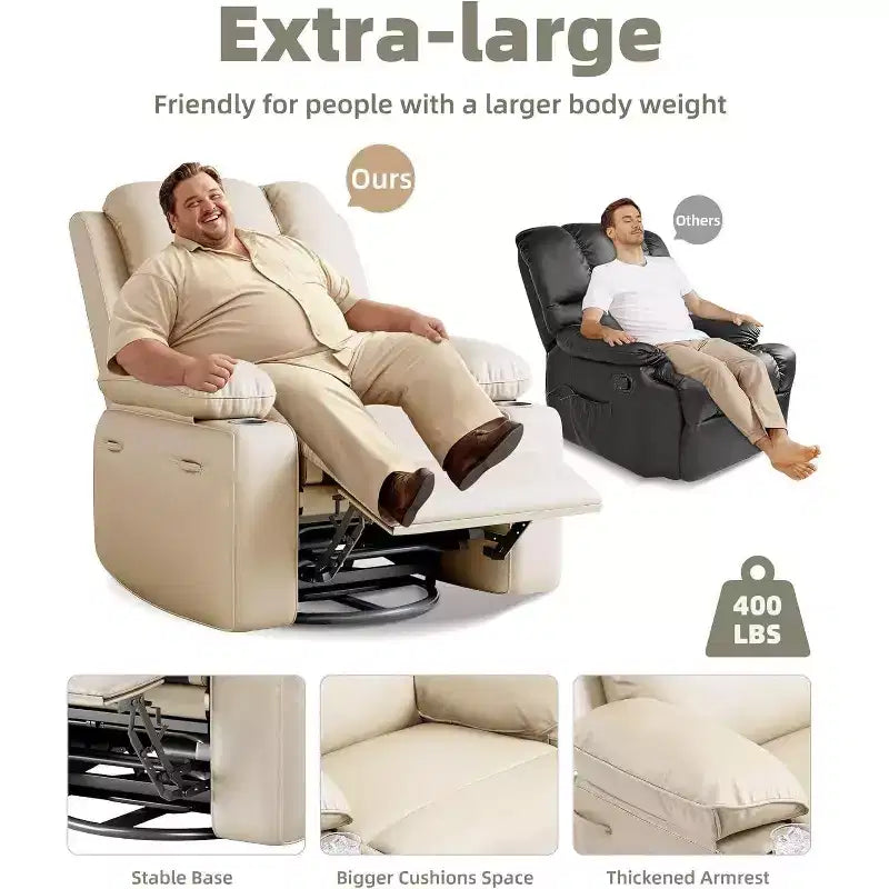 27 Poltrona reclinabile oversize con funzione calore e massaggio, girevole a 360°, dondolo manuale, portabicchieri per salotto