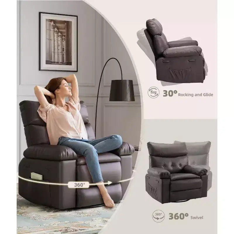 27 Poltrona reclinabile oversize con calore e massaggio, girevole a 360° e dondolio manuale, telecomando per soggiorno, camera da letto