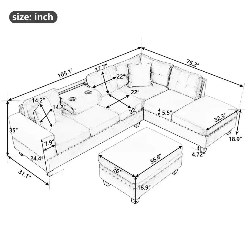 Divano sezionale moderno a L Whisen 105 con pouf contenitore e 2 cuscini