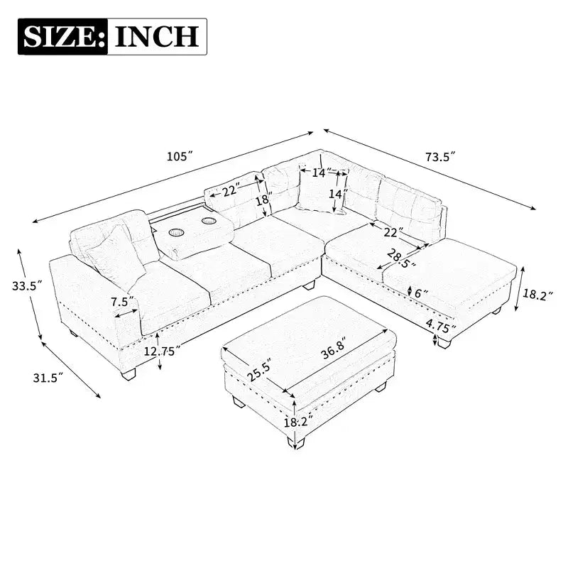 Divano sezionale moderno a L Whisen 105 con pouf contenitore e 2 cuscini