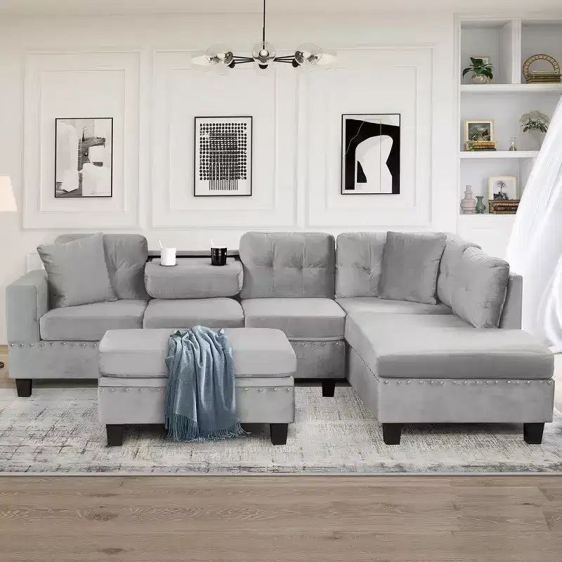 Divano sezionale moderno a L Whisen 105 con pouf contenitore e 2 cuscini
