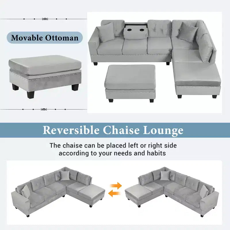 Divano sezionale moderno a L Whisen 105 con pouf contenitore e 2 cuscini
