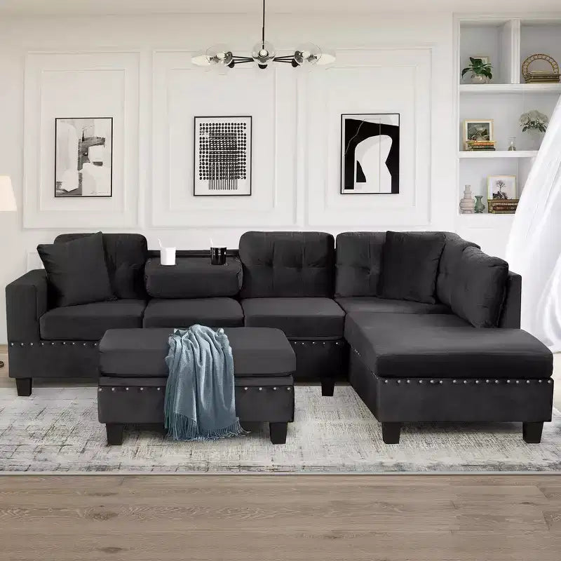 Divano sezionale moderno a L Whisen 105 con pouf contenitore e 2 cuscini
