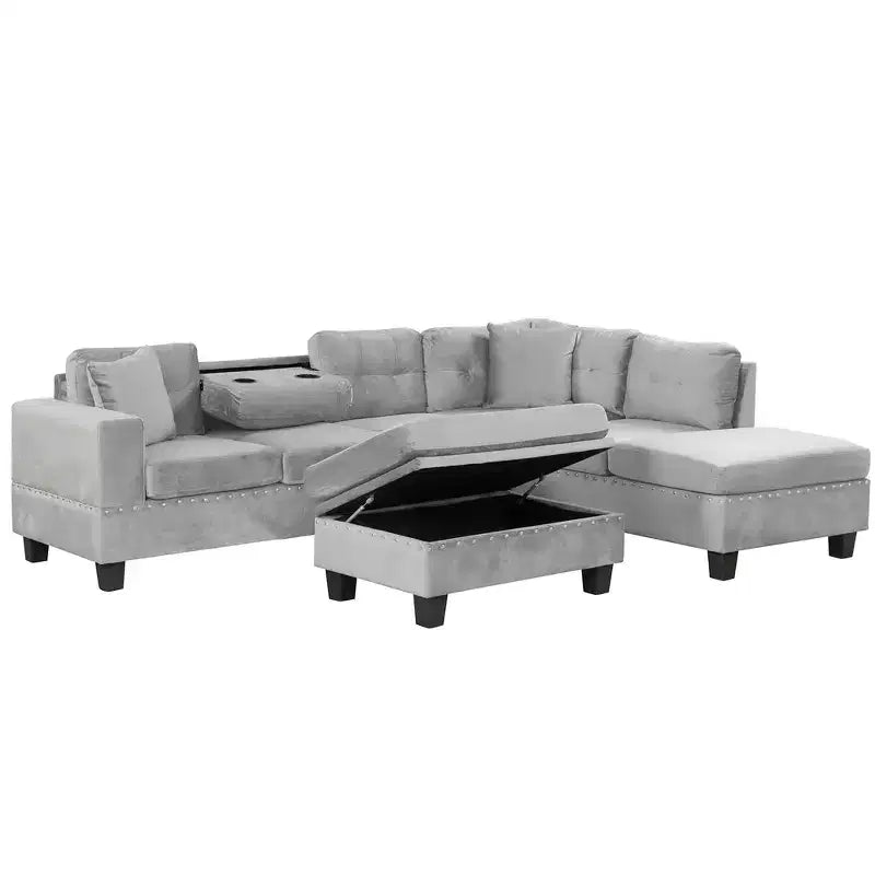 Divano sezionale moderno a L Whisen 105 con pouf contenitore e 2 cuscini