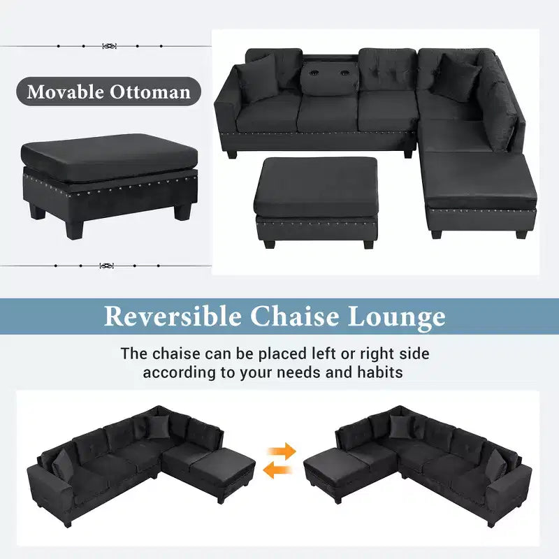 Divano sezionale moderno a L Whisen 105 con pouf contenitore e 2 cuscini