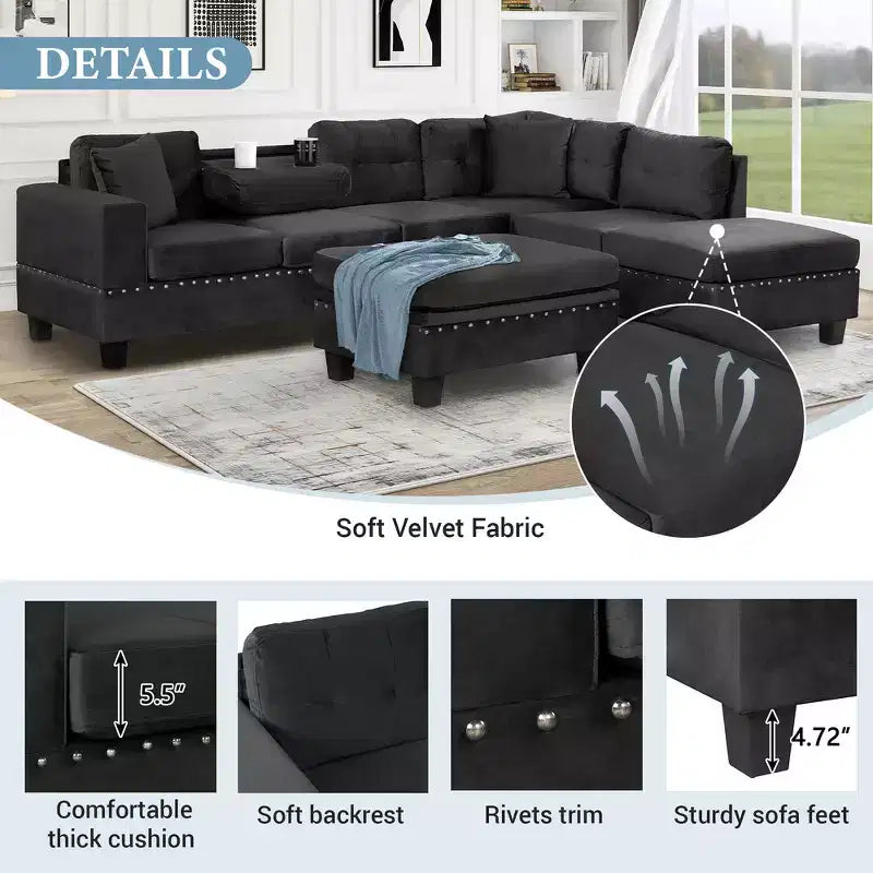 Divano sezionale moderno a L Whisen 105 con pouf contenitore e 2 cuscini