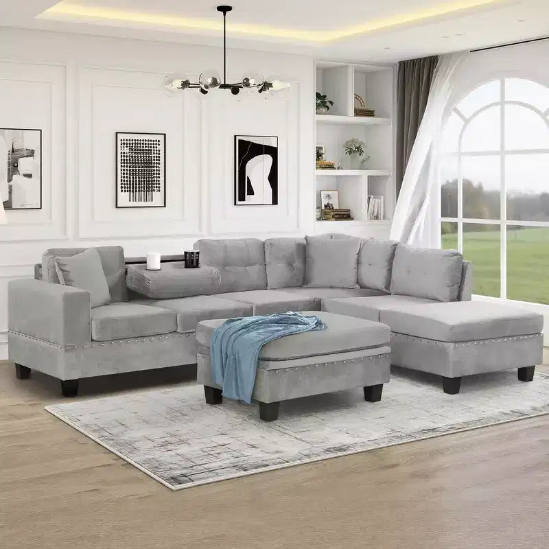 Divano sezionale moderno a L Whisen 105 con pouf contenitore e 2 cuscini