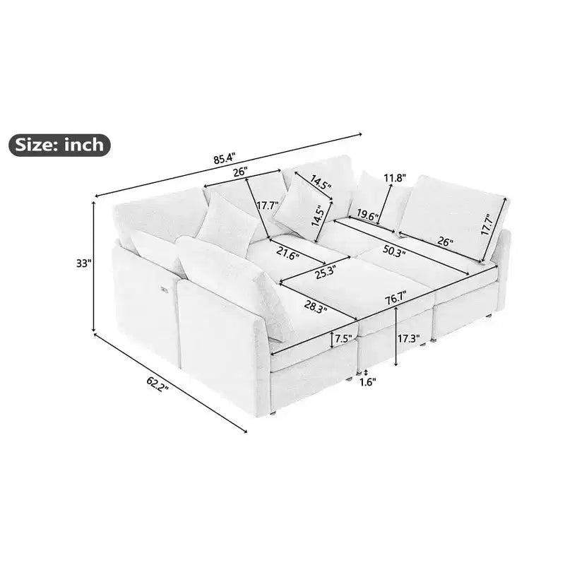 85.4 Divano Letto Sezionale Modulare con Pouf, Porte USB Divano in ciniglia Convertibile a L/U per Soggiorno