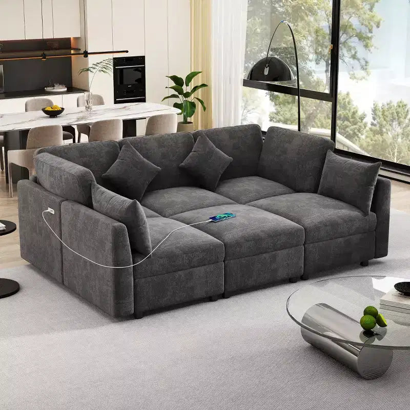 85.4 Divano Letto Sezionale Modulare con Pouf, Porte USB Divano in ciniglia Convertibile a L/U per Soggiorno
