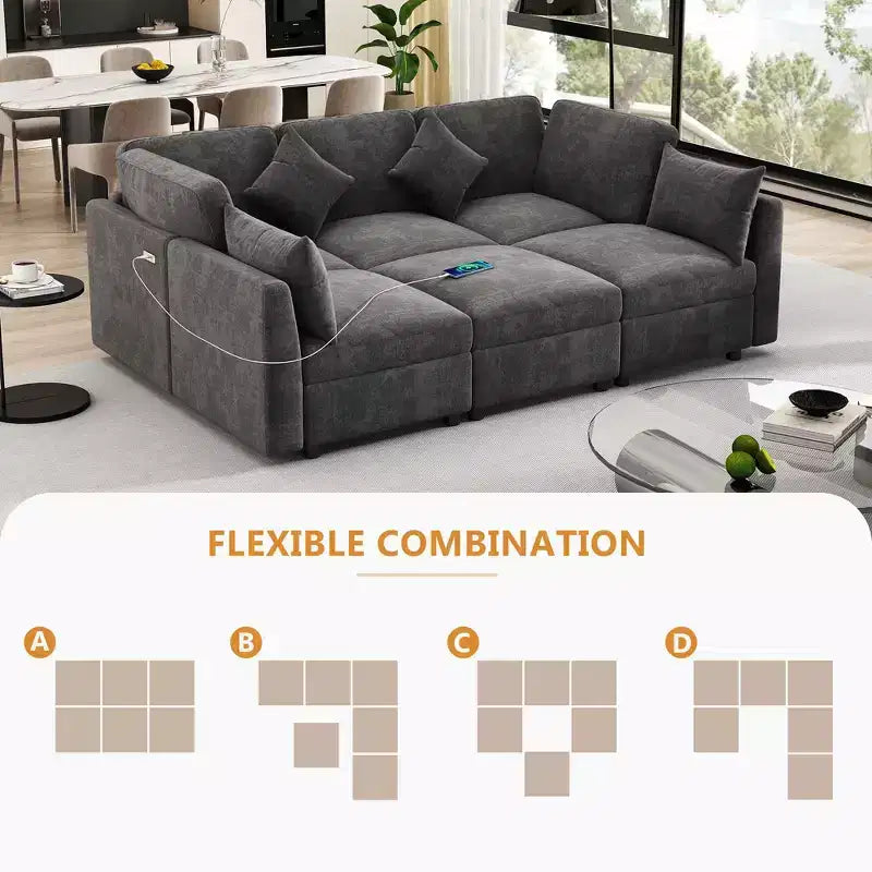 85.4 Divano Letto Sezionale Modulare con Pouf, Porte USB Divano in ciniglia Convertibile a L/U per Soggiorno