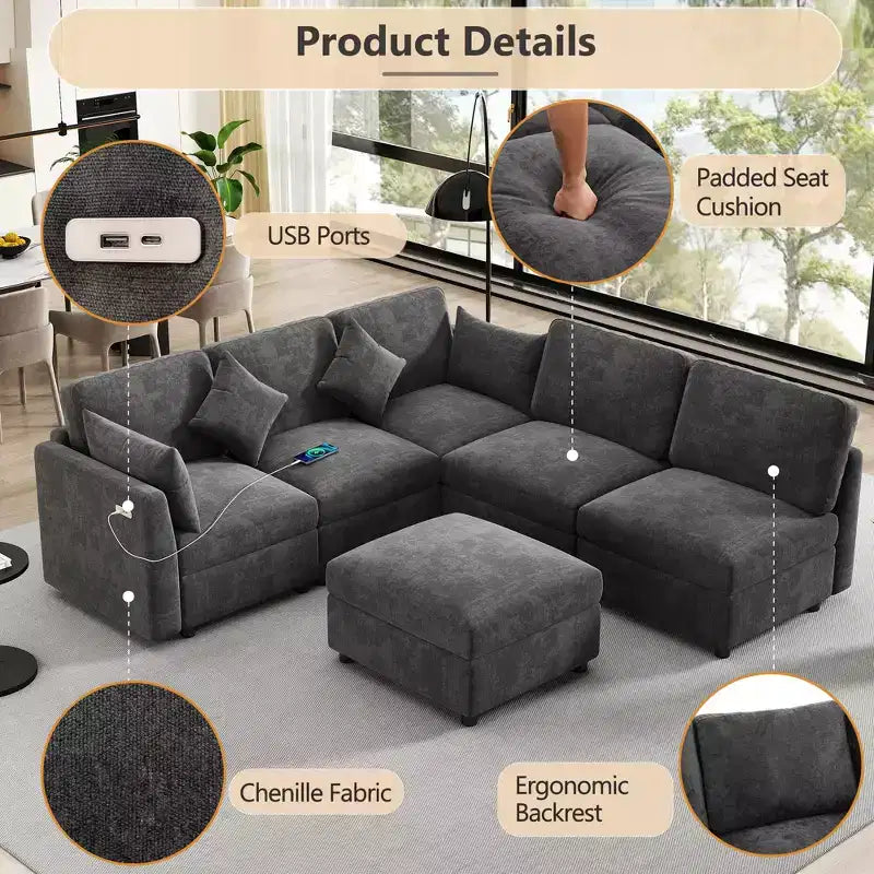 85.4 Divano Letto Sezionale Modulare con Pouf, Porte USB Divano in ciniglia Convertibile a L/U per Soggiorno