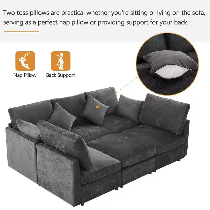 85.4 Divano Letto Sezionale Modulare con Pouf, Porte USB Divano in ciniglia Convertibile a L/U per Soggiorno
