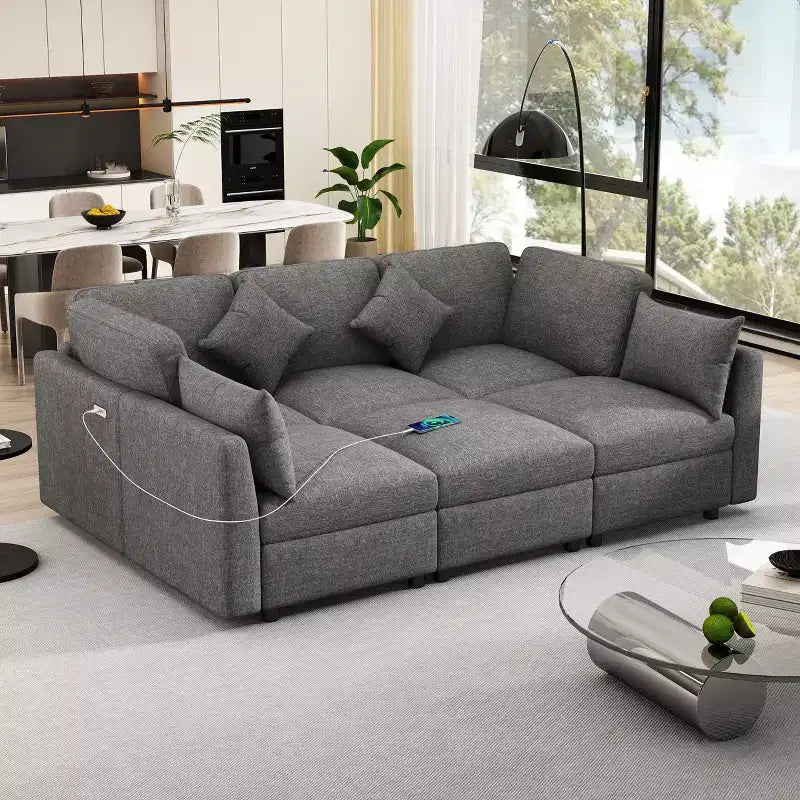 85.4 Divano Letto Sezionale Modulare con Pouf, Porte USB Divano in ciniglia Convertibile a L/U per Soggiorno