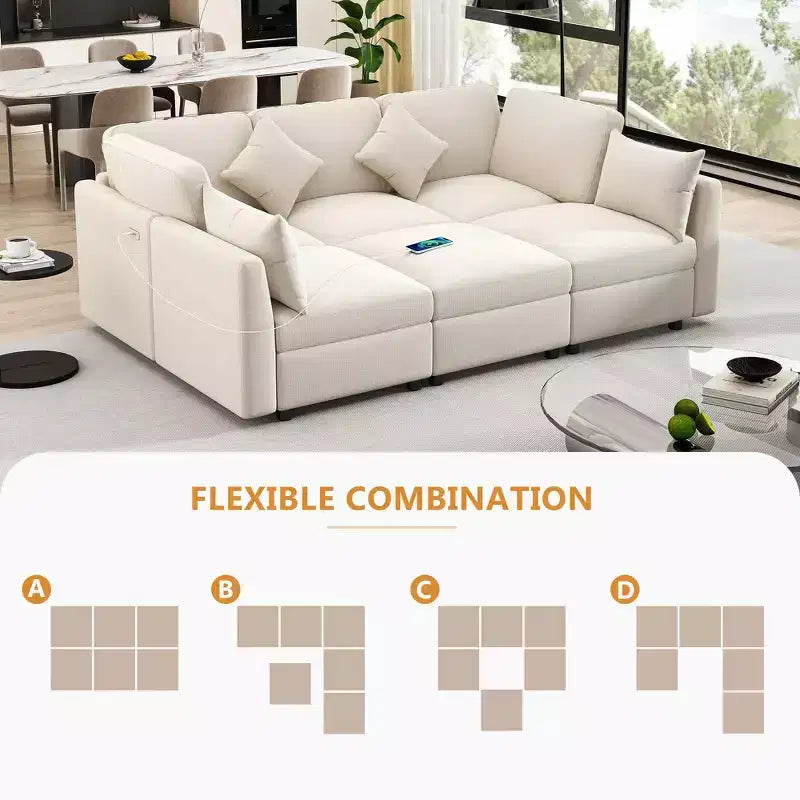 85.4 Divano Letto Sezionale Modulare con Pouf, Porte USB Divano in ciniglia Convertibile a L/U per Soggiorno