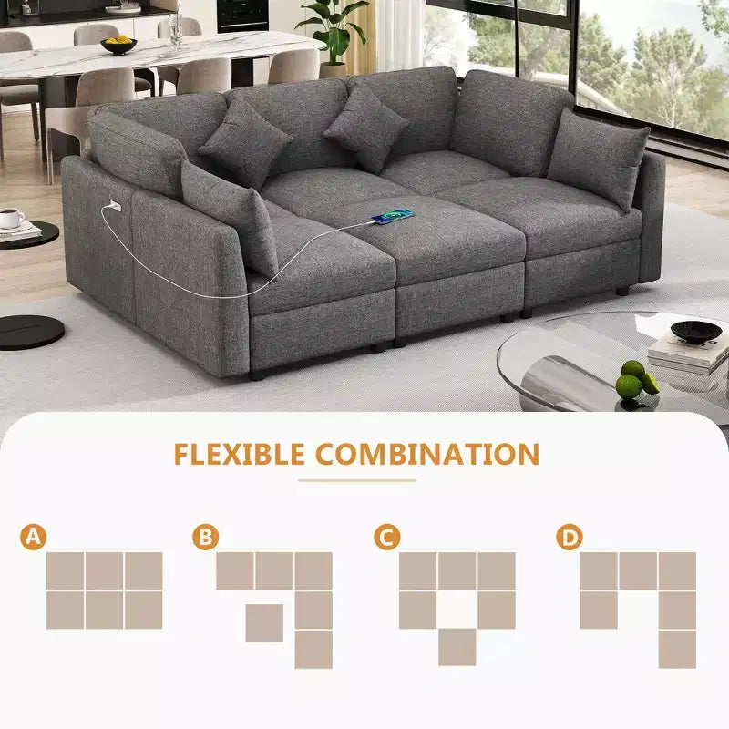 85.4 Divano Letto Sezionale Modulare con Pouf, Porte USB Divano in ciniglia Convertibile a L/U per Soggiorno