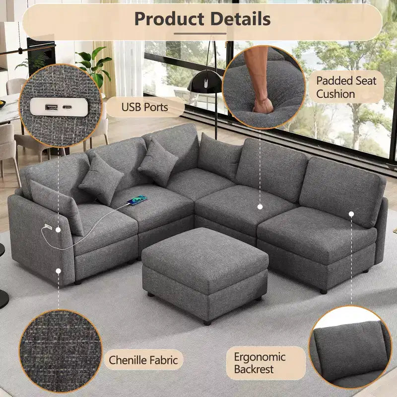 85.4 Divano Letto Sezionale Modulare con Pouf, Porte USB Divano in ciniglia Convertibile a L/U per Soggiorno