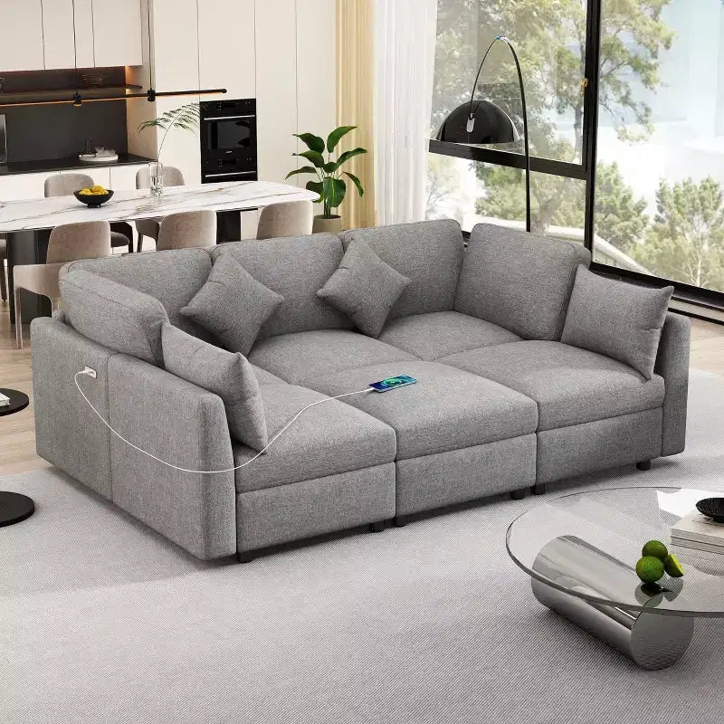 85.4 Divano Letto Sezionale Modulare con Pouf, Porte USB Divano in ciniglia Convertibile a L/U per Soggiorno