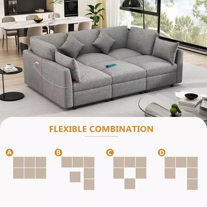 85.4 Divano Letto Sezionale Modulare con Pouf, Porte USB Divano in ciniglia Convertibile a L/U per Soggiorno