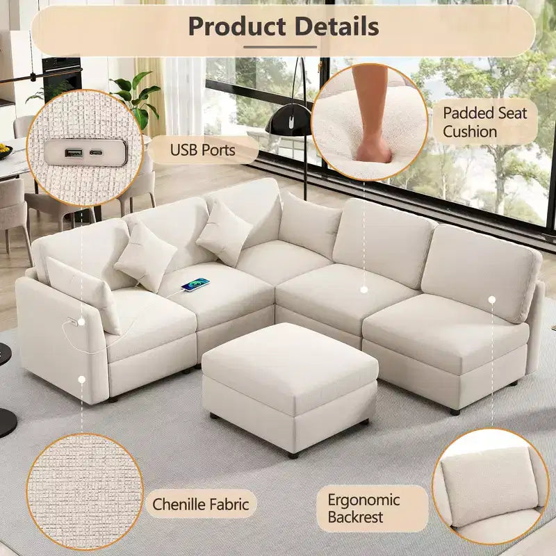 85.4 Divano Letto Sezionale Modulare con Pouf, Porte USB Divano in ciniglia Convertibile a L/U per Soggiorno