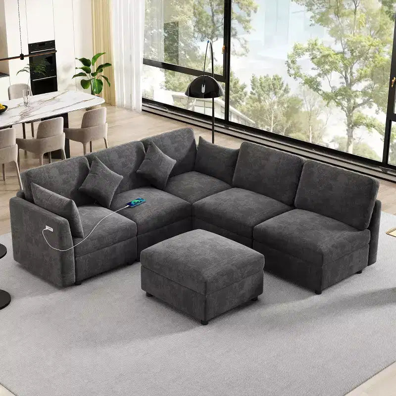 85.4 Divano Letto Sezionale Modulare con Pouf, Porte USB Divano in ciniglia Convertibile a L/U per Soggiorno