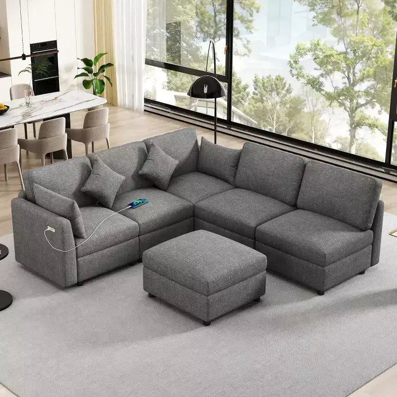 85.4 Divano Letto Sezionale Modulare con Pouf, Porte USB Divano in ciniglia Convertibile a L/U per Soggiorno