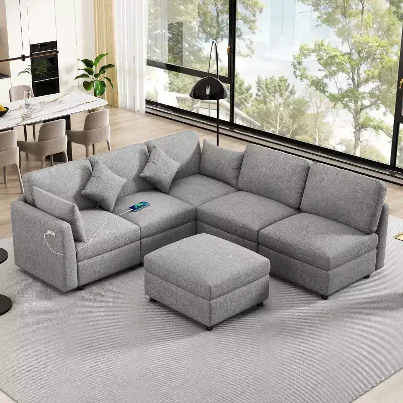 85.4 Divano Letto Sezionale Modulare con Pouf, Porte USB Divano in ciniglia Convertibile a L/U per Soggiorno