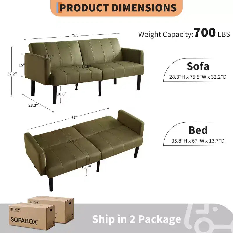Divano letto regolabile da 75,5", reclinabile in 3 posizioni con design rialzato da terra per piccoli spazi (grigio/verde)