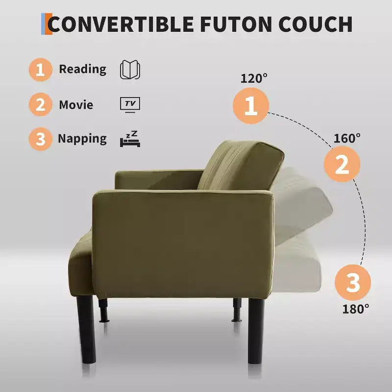 Divano letto regolabile da 75,5", reclinabile in 3 posizioni con design rialzato da terra per piccoli spazi (grigio/verde)