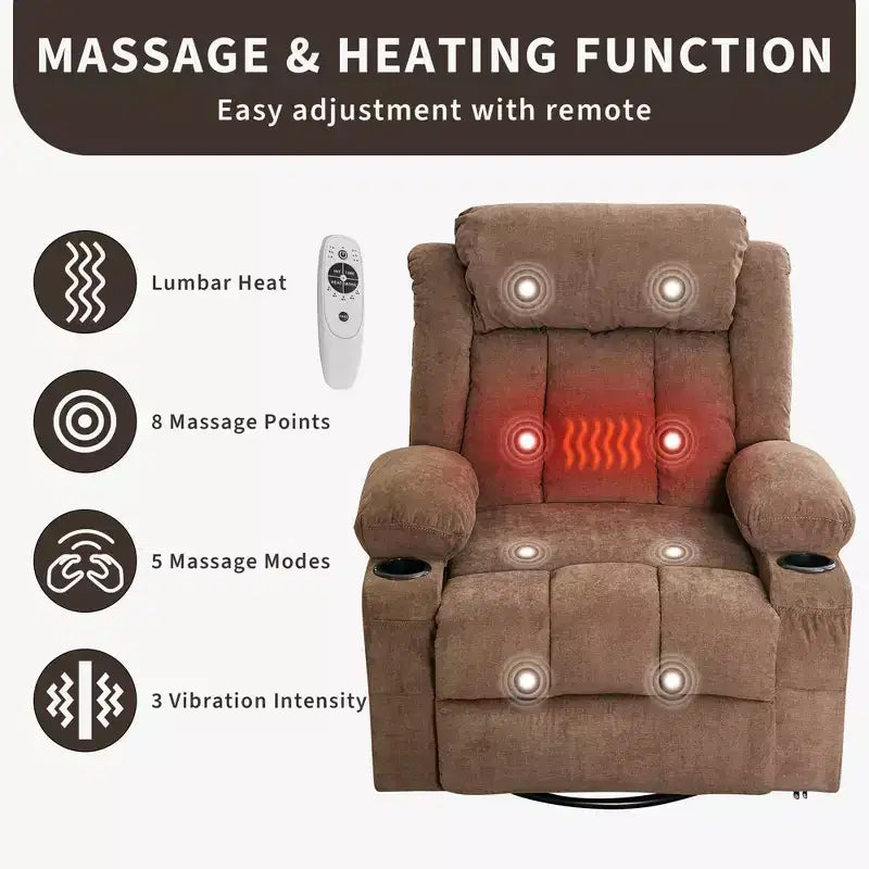 Poltrona Reclinabile Girevole a 360 Gradi con Calore e Massaggio per Adulti Robusti e Alti, con Telecomando, Portabicchieri, Tasche Laterali, Porta di Ricarica USB