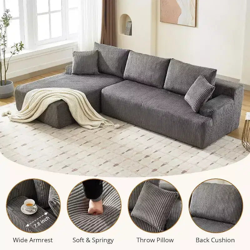 Divano a Nuvola con Chaise longue a L, Divano Sezionale Modulare Senza Struttura in Corduroy, Moderno, Nessun Montaggio Richiesto per Soggiorno, Appartamento e Spazi Ridotti