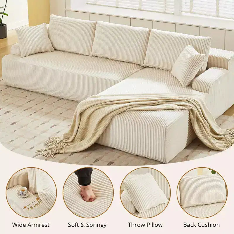 Divano a Nuvola con Chaise longue a L, Divano Sezionale Modulare Senza Struttura in Corduroy, Moderno, Nessun Montaggio Richiesto per Soggiorno, Appartamento e Spazi Ridotti