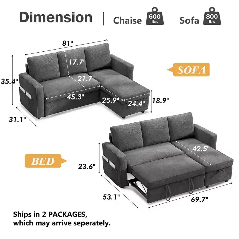 Dyonery Divano letto estraibile 2 in 1 con chaise longue reversibile contenitore per camera da letto Divano a L componibile con tasche laterali, 81"