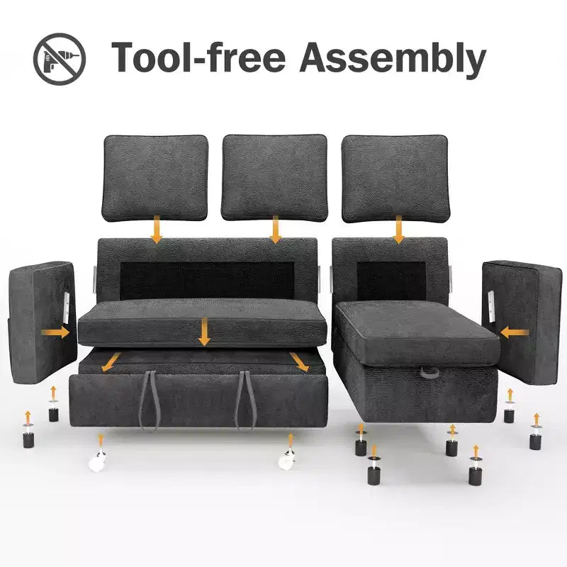 Dyonery Divano letto estraibile 2 in 1 con chaise longue reversibile contenitore per camera da letto Divano a L componibile con tasche laterali, 81"