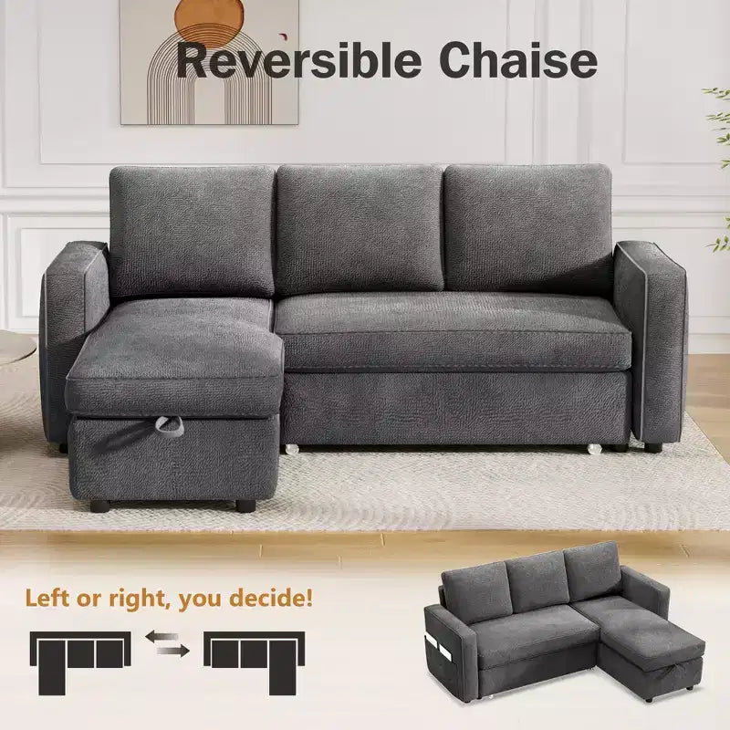 Dyonery Divano letto estraibile 2 in 1 con chaise longue reversibile contenitore per camera da letto Divano a L componibile con tasche laterali, 81"