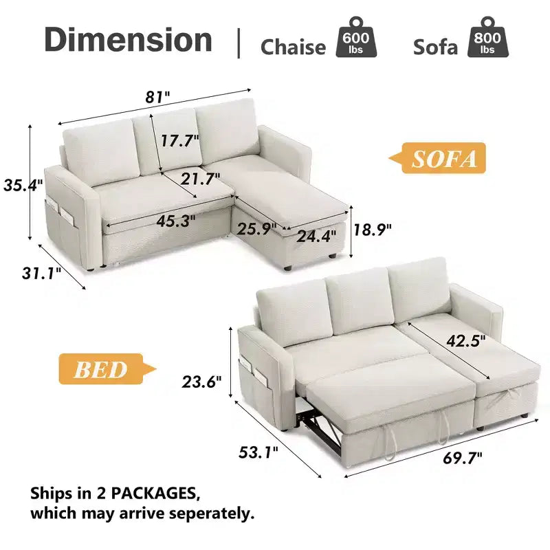 Dyonery Divano letto estraibile 2 in 1 con chaise longue reversibile contenitore per camera da letto Divano a L componibile con tasche laterali, 81"