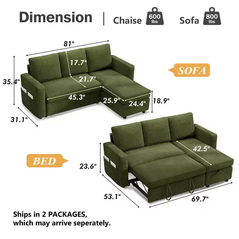 Dyonery Divano letto estraibile 2 in 1 con chaise longue reversibile contenitore per camera da letto Divano a L componibile con tasche laterali, 81"
