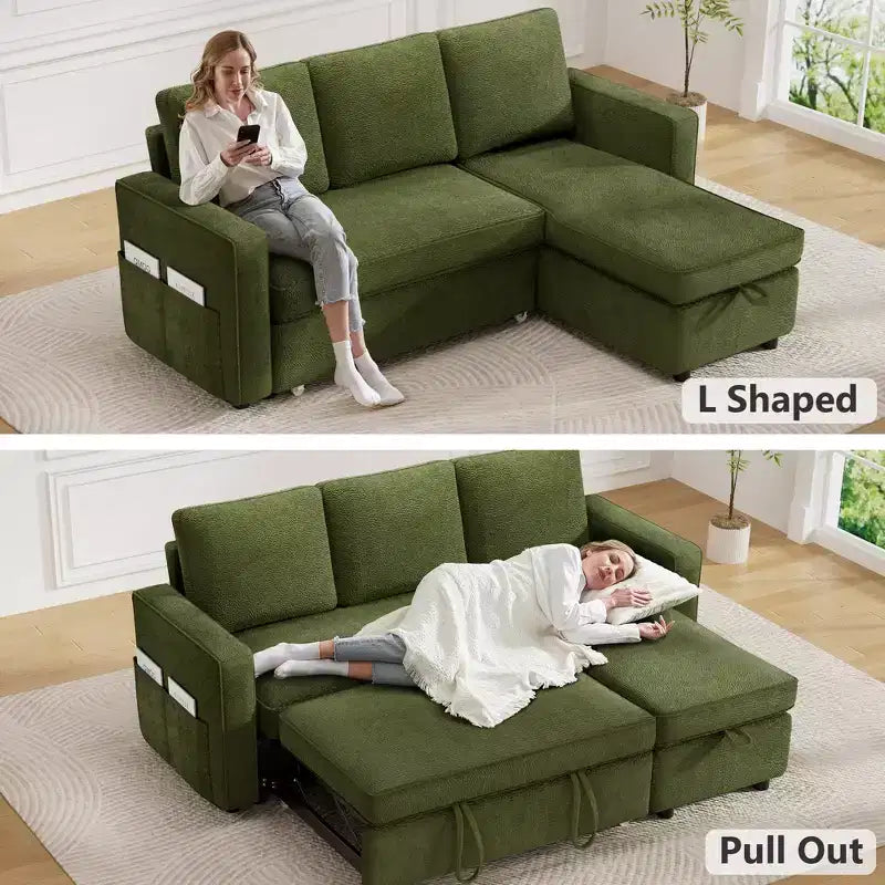 Dyonery Divano letto estraibile 2 in 1 con chaise longue reversibile contenitore per camera da letto Divano a L componibile con tasche laterali, 81"