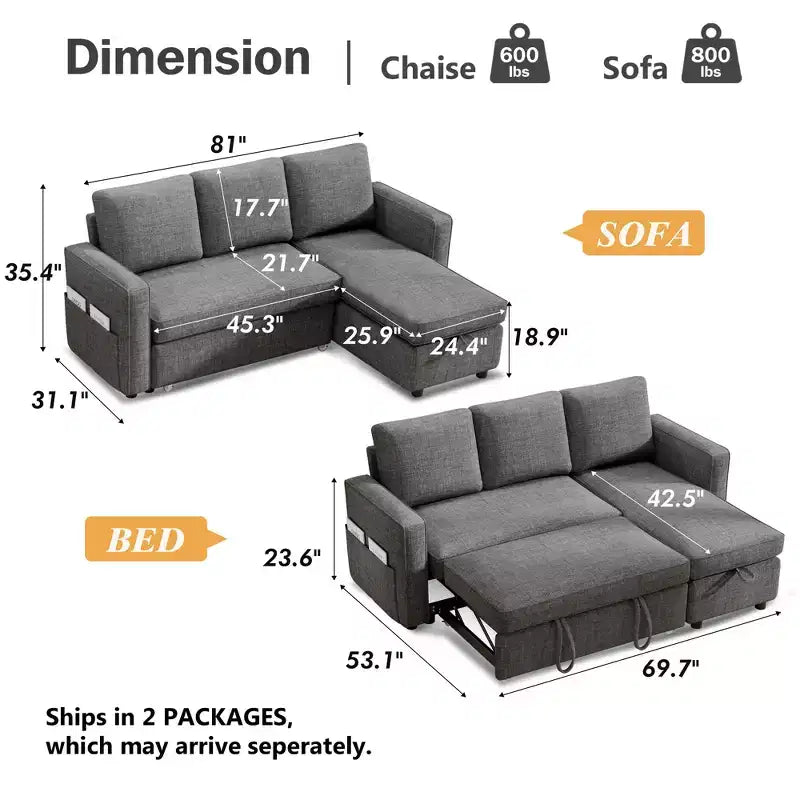 Dyonery Divano letto estraibile 2 in 1 con chaise longue reversibile contenitore per camera da letto Divano a L componibile con tasche laterali, 81"