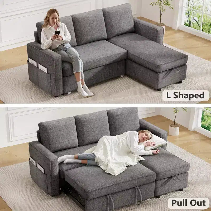 Dyonery Divano letto estraibile 2 in 1 con chaise longue reversibile contenitore per camera da letto Divano a L componibile con tasche laterali, 81"