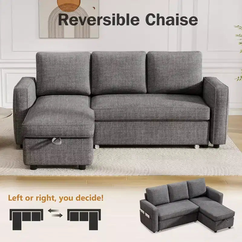 Dyonery Divano letto estraibile 2 in 1 con chaise longue reversibile contenitore per camera da letto Divano a L componibile con tasche laterali, 81"