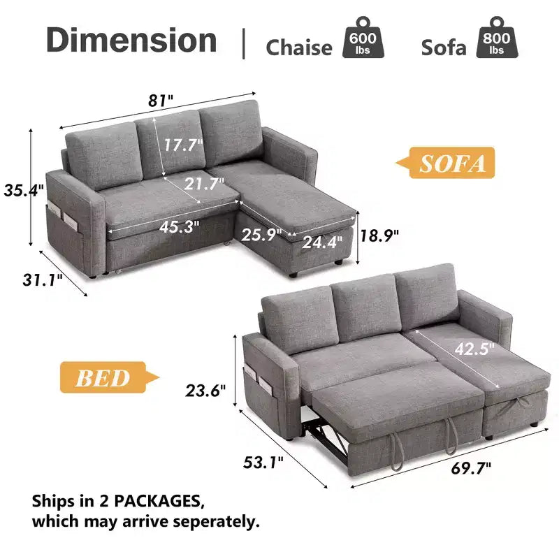 Dyonery Divano letto estraibile 2 in 1 con chaise longue reversibile contenitore per camera da letto Divano a L componibile con tasche laterali, 81"