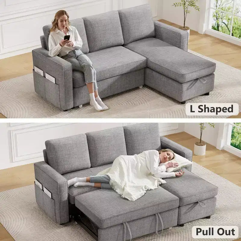 Dyonery Divano letto estraibile 2 in 1 con chaise longue reversibile contenitore per camera da letto Divano a L componibile con tasche laterali, 81"