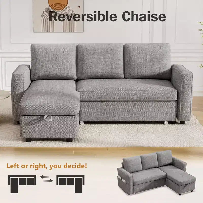 Dyonery Divano letto estraibile 2 in 1 con chaise longue reversibile contenitore per camera da letto Divano a L componibile con tasche laterali, 81"