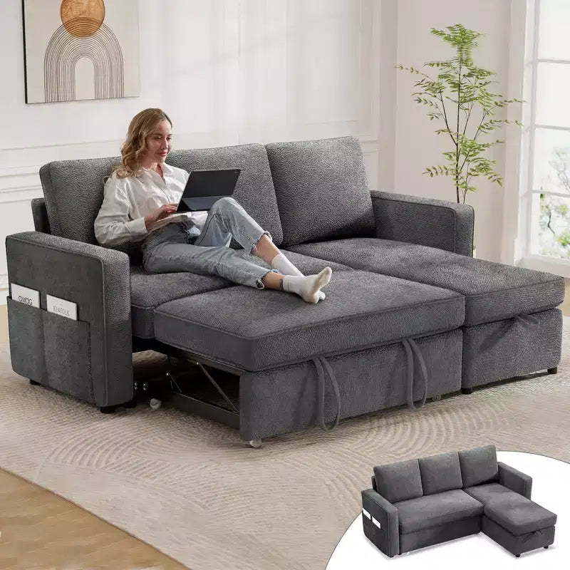 Dyonery Divano letto estraibile 2 in 1 con chaise longue reversibile contenitore per camera da letto Divano a L componibile con tasche laterali, 81"