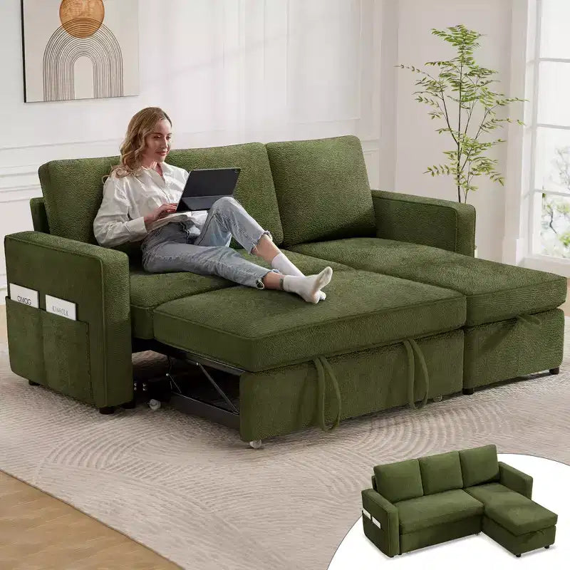 Dyonery Divano letto estraibile 2 in 1 con chaise longue reversibile contenitore per camera da letto Divano a L componibile con tasche laterali, 81"