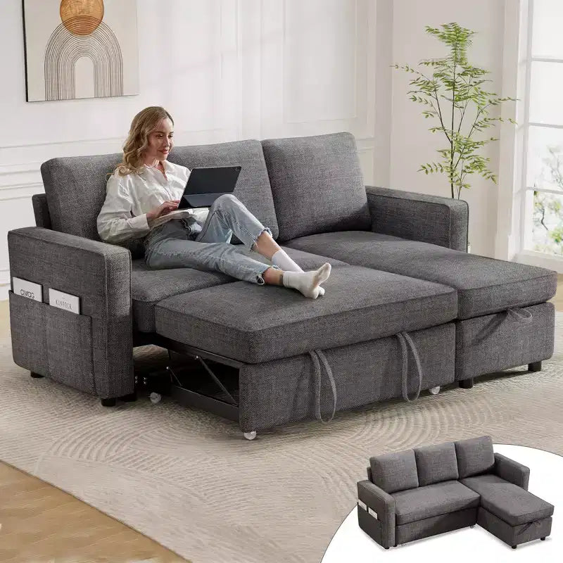Dyonery Divano letto estraibile 2 in 1 con chaise longue reversibile contenitore per camera da letto Divano a L componibile con tasche laterali, 81"